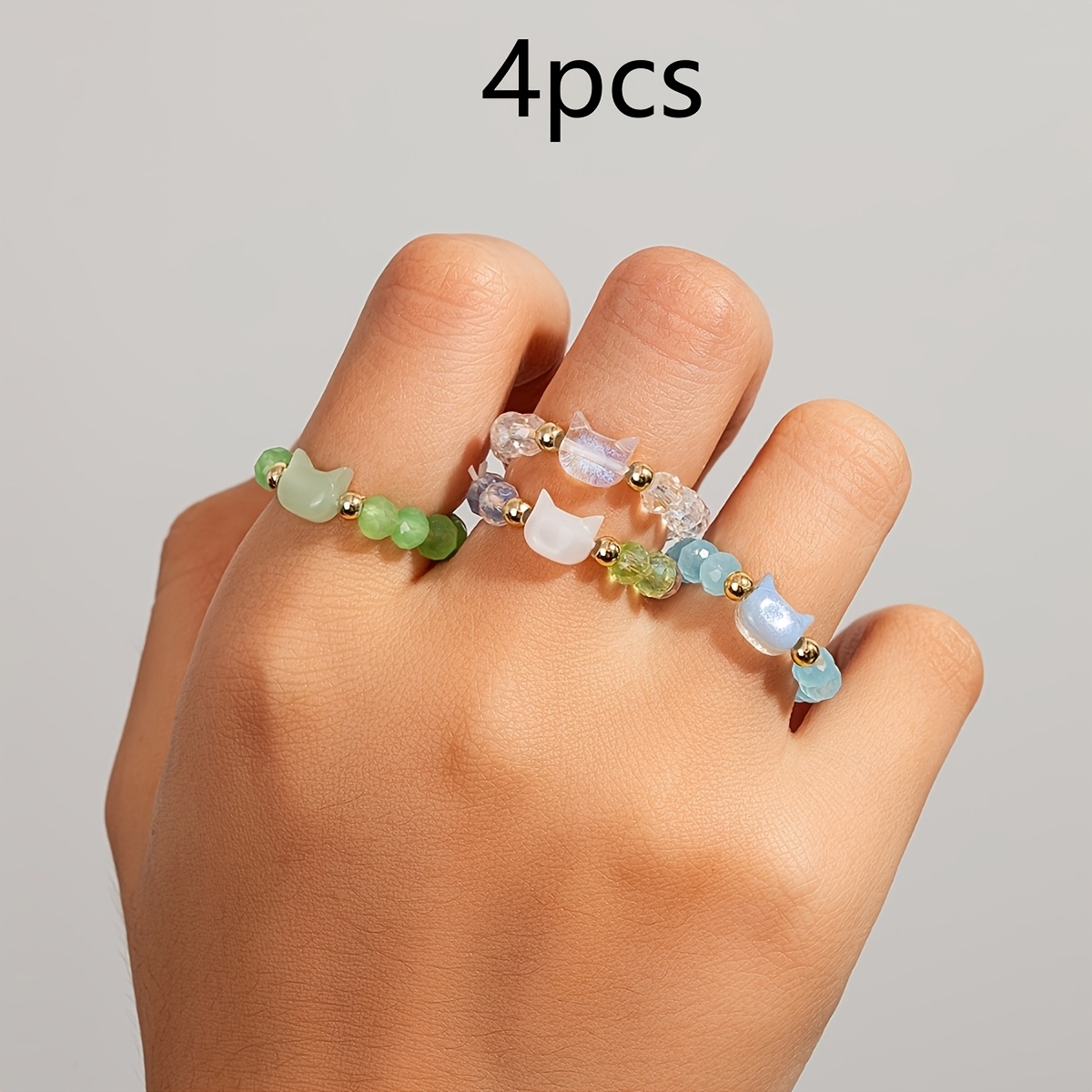 TEMU Lot de 4 bagues empilables pour femme, style plage, tête de chat, perles colorées dopamine, fil élastique