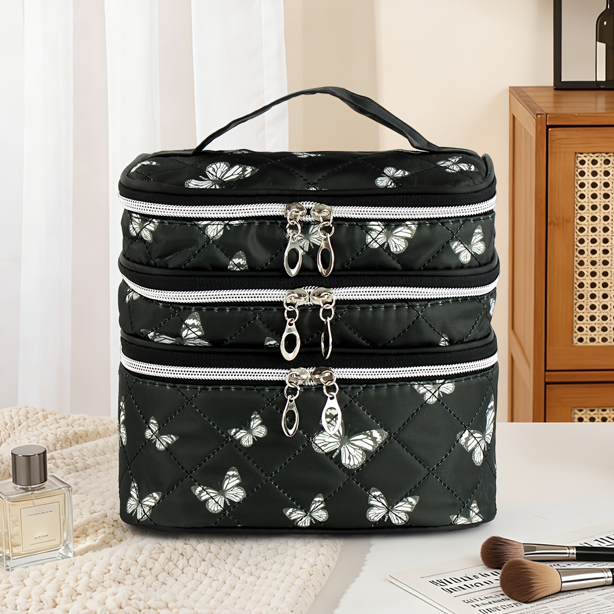 Fashion Seam Makeup Bag, Large Capacity Portable Cosmetic Bag, 2-layer And 3-layer Makeup Bags, Print Organizer, Suitable For Home And Travel Use, Women's Gift