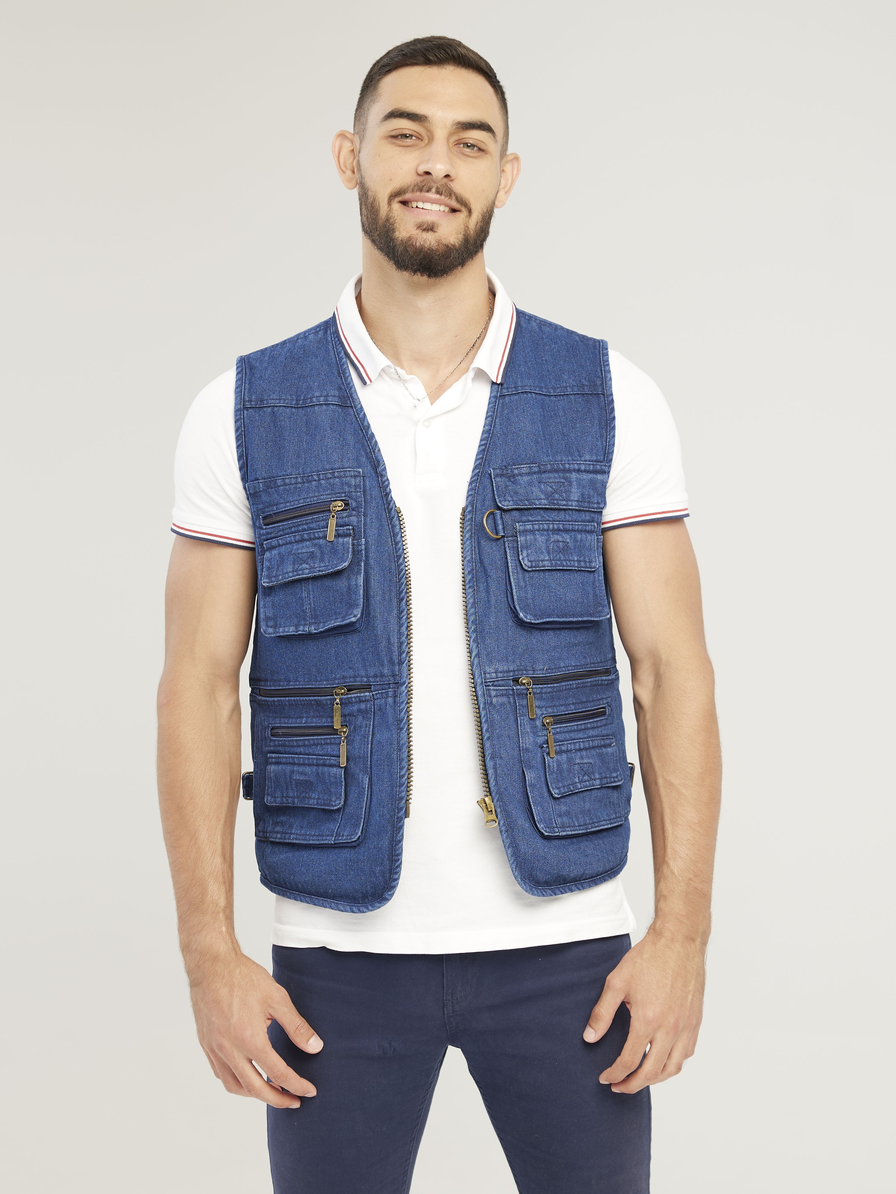 zipper pockets cargo vest mens casual outwear zip up vest for spring summer outdoor fishing photography blue 5