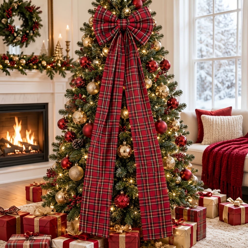 TEMU 1pc 70.9in Red And Christmas Bow With Long Tails, Oversized Tartan Ribbon Tree Topper For Wreath, Front Door, Fireplace, Staircase, Christmas