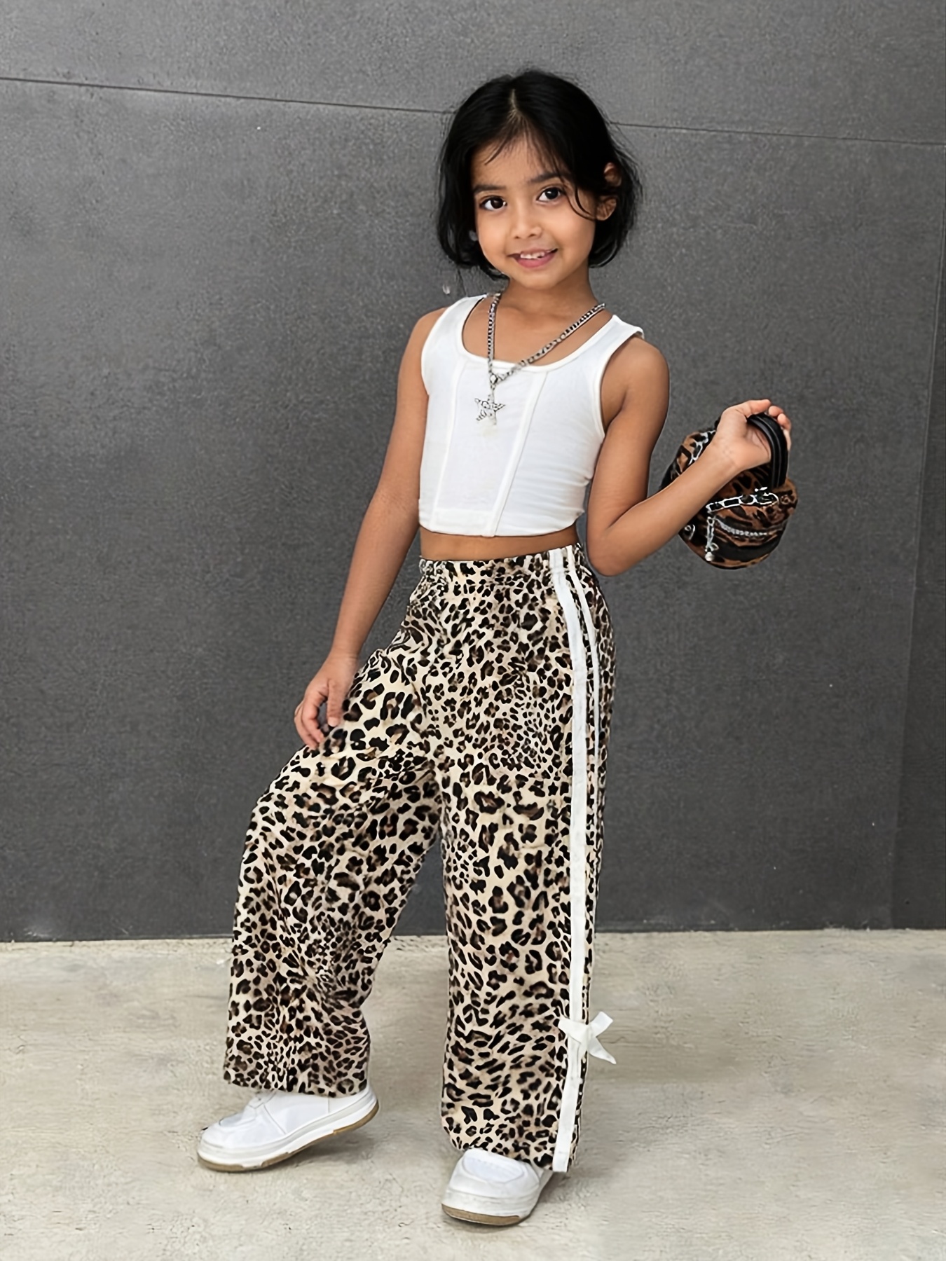 Girls' Leopard Print Wide-Leg Pants High-Waisted, Stretchy Breathable,  Casual Fashion Trousers with Elastic Waistband Casual Attire,