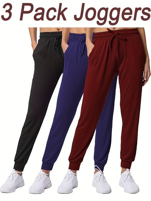 3 pack womens ultra soft high elastic joggers with pockets tapered leg athletic sweatpants for workout yoga running lounge machine washable black navy grey yoga apparel solid color pants functional pockets