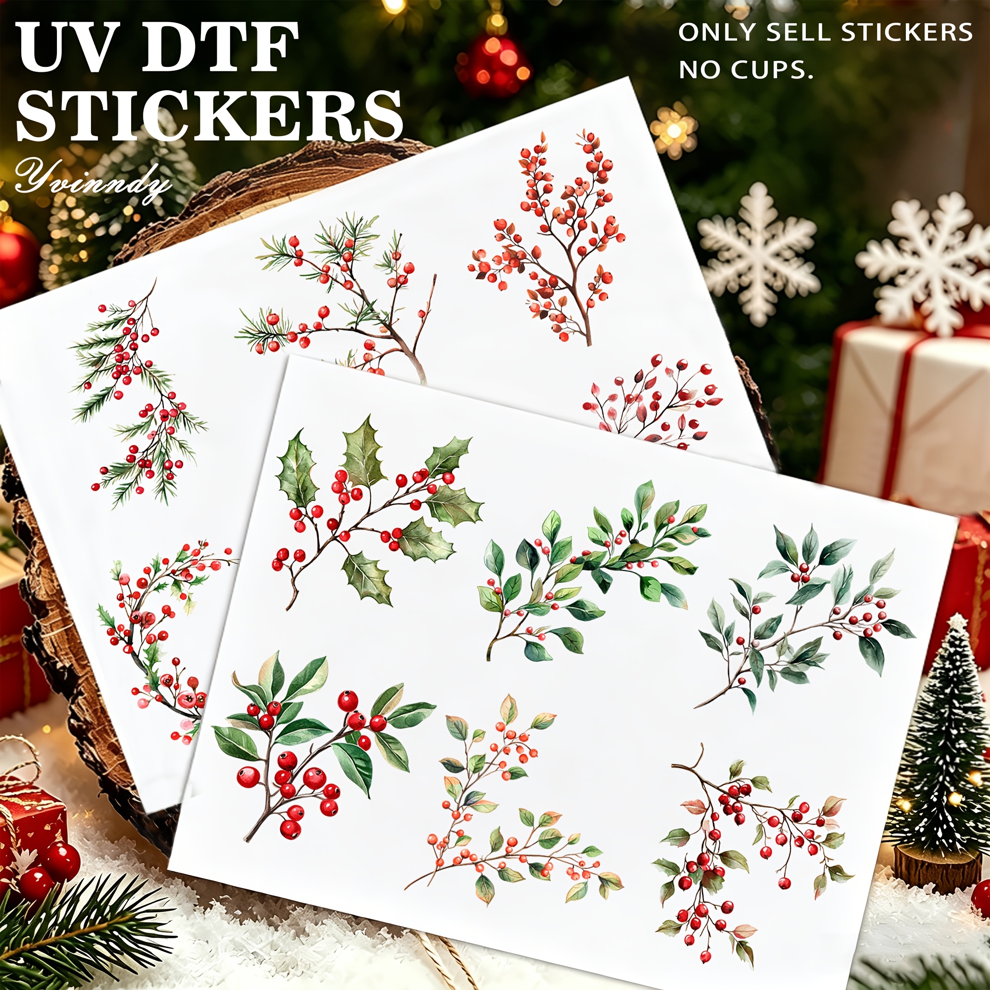 TEMU 12pcs/Set Transfert UV DTF Aquarelle Noël Houx Raisin Rouge Branche - Papier de Transfert UV DTF Imperméable pour Arts et Artisanat, Albums de