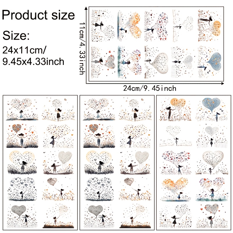E-shop Set mit 4, handbemalte verträumte Charaktersilhouetten, wunderschöne Aquarell-Kunstdekorationen mit Liebesthema, UV-DTF-Transferpapier,