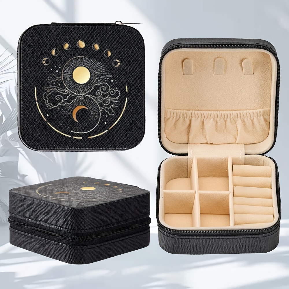 TEMU 1 Boîte de Rangement Portable pour Bijoux (, Blanc et Noir) - Peut Organiser Bagues, Pendentifs, Boucles d'Oreilles et . avec un Motif de Soleil