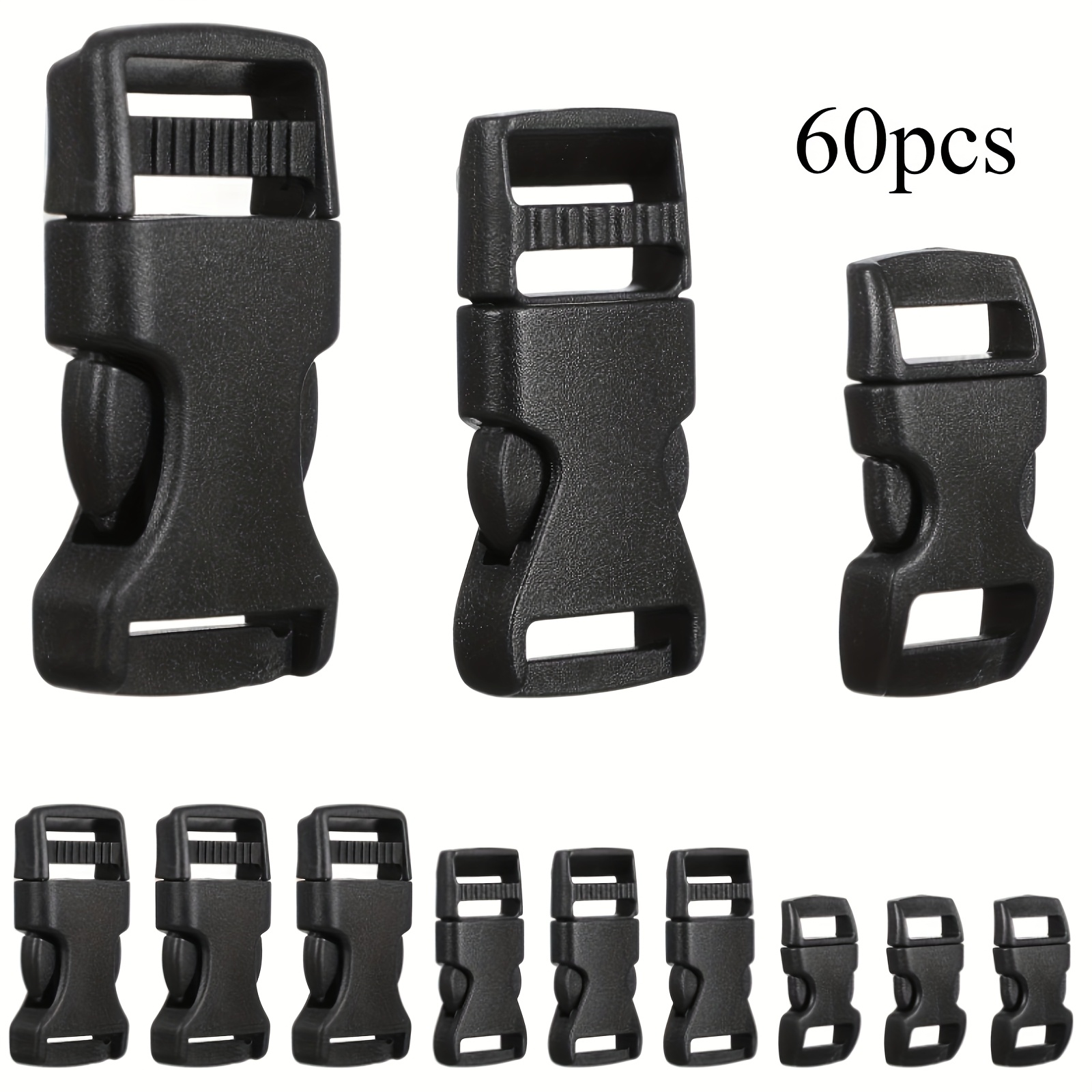 TEMU 60 Pezzi Fibbia per Braccialetti in Paracord, 5/8, 1/2 e 3/8 di Pollice (20 Pezzi Ciascuno) Fibbie in Plastica Nere per Paracord, Fibbia in