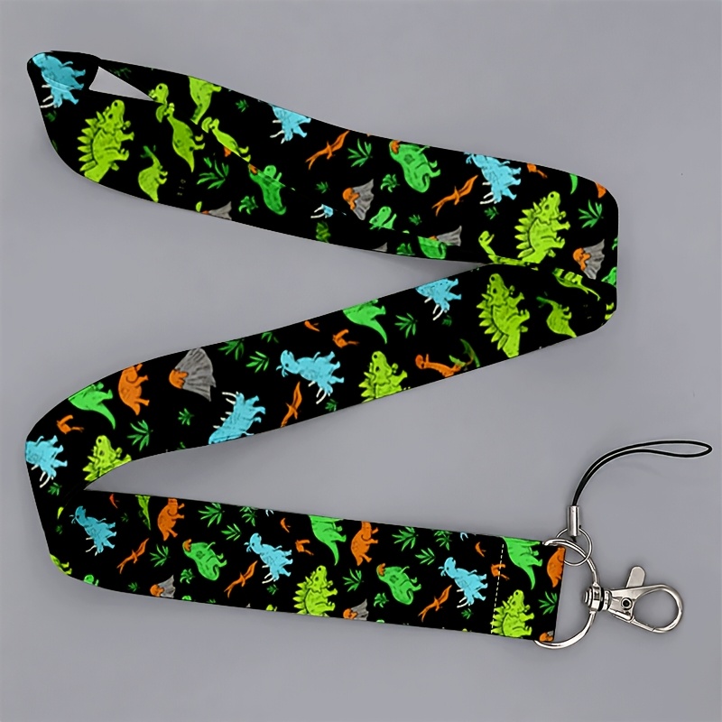 TEMU 2d A Piece Suitable For Men And Or School, Black Background Colorful Cartoon Dinosaur Print Lanyard Cute For Phones Keys Ideal For Students