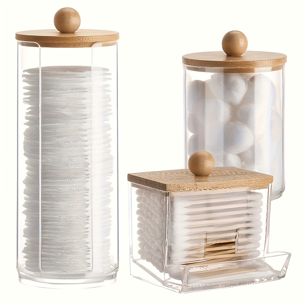 TEMU 3pcs Bathroom Storage Jar Set For Swabs And Balls, With Wooden Lids, Of 10oz And 7oz Respectively