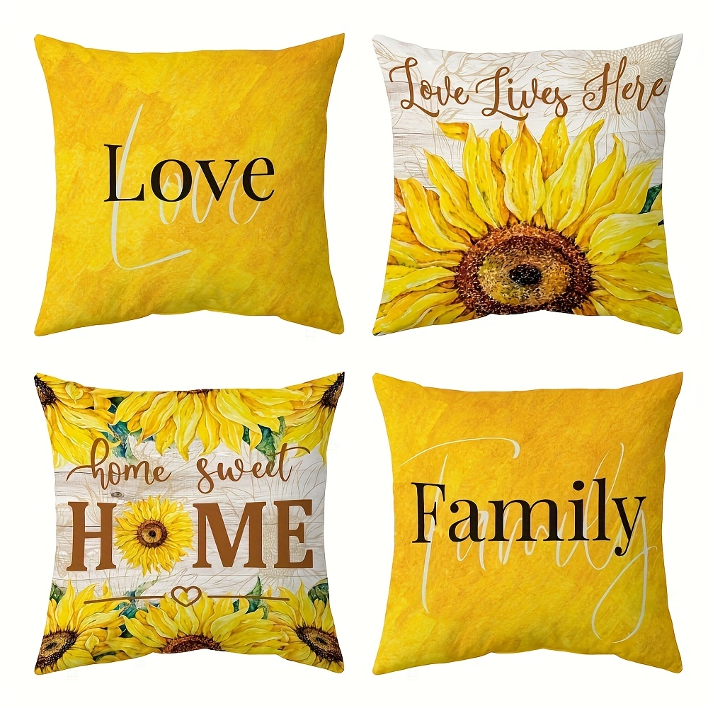 

4pcs Yellow Sunflower Pillow Covers, Contemporary Floral Lettering, Machine Washable Polyester, Zipper Closure, Woven Decorative Cases For Living Room, Bedroom, Sofa - Single-sided Print, No Insert