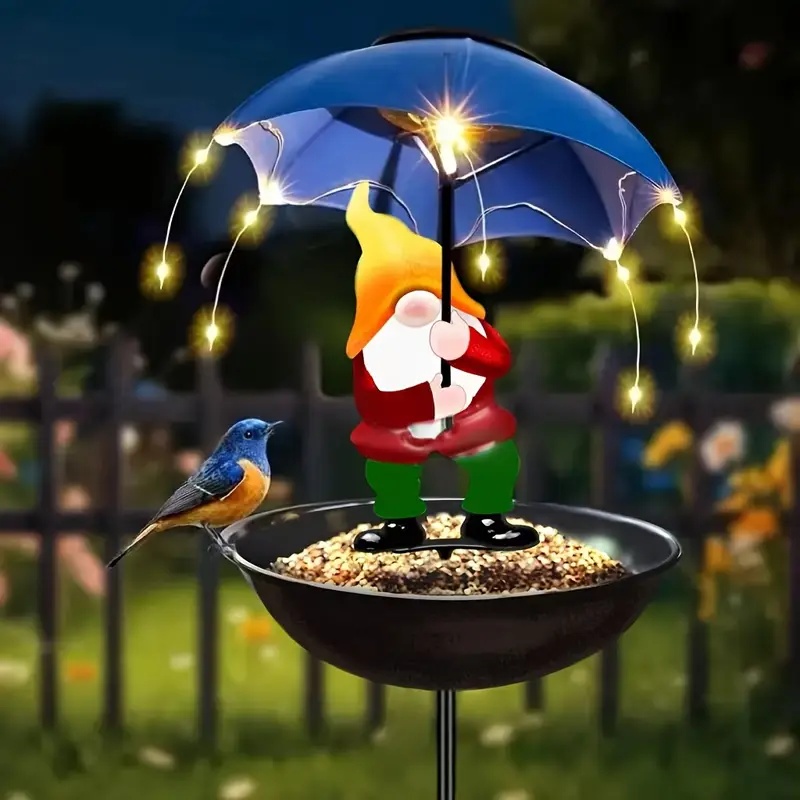 Image of Solar-powered Gnome Dwarf Statue Bird Feeder | Vibrant Garden Decor For Lawn, Farm, Pathway, Porch | Energy Efficient, Metal, Beakjeong Brand, Ideal For Halloween And Christmas Decorations