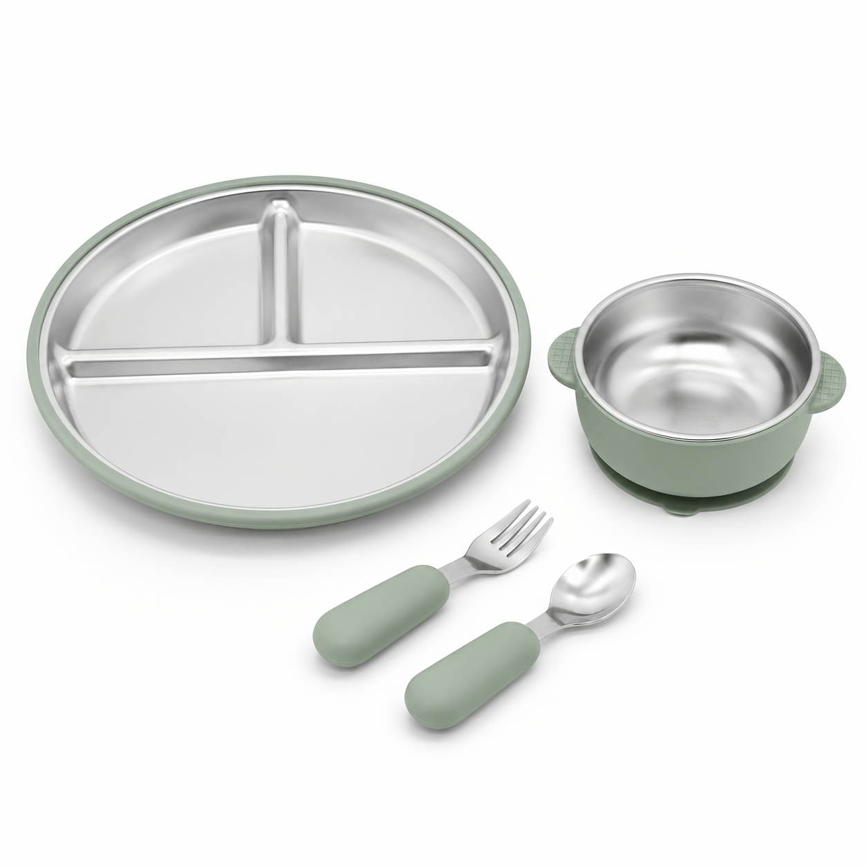 TEMU Parure de repas pour tout- 4 pièces/1 lot, assiette compartimentée en acier inoxydable et bol à ventouse avec insert en acier amovible, cuillère