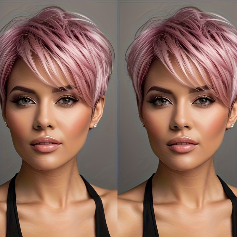 TEMU Hair Short Pink Wig With Bangs - Straight Synthetic Layered Haircut For Women, 120% Density, , High-temperature Fiber, Elegant Style For All , Hair Wig