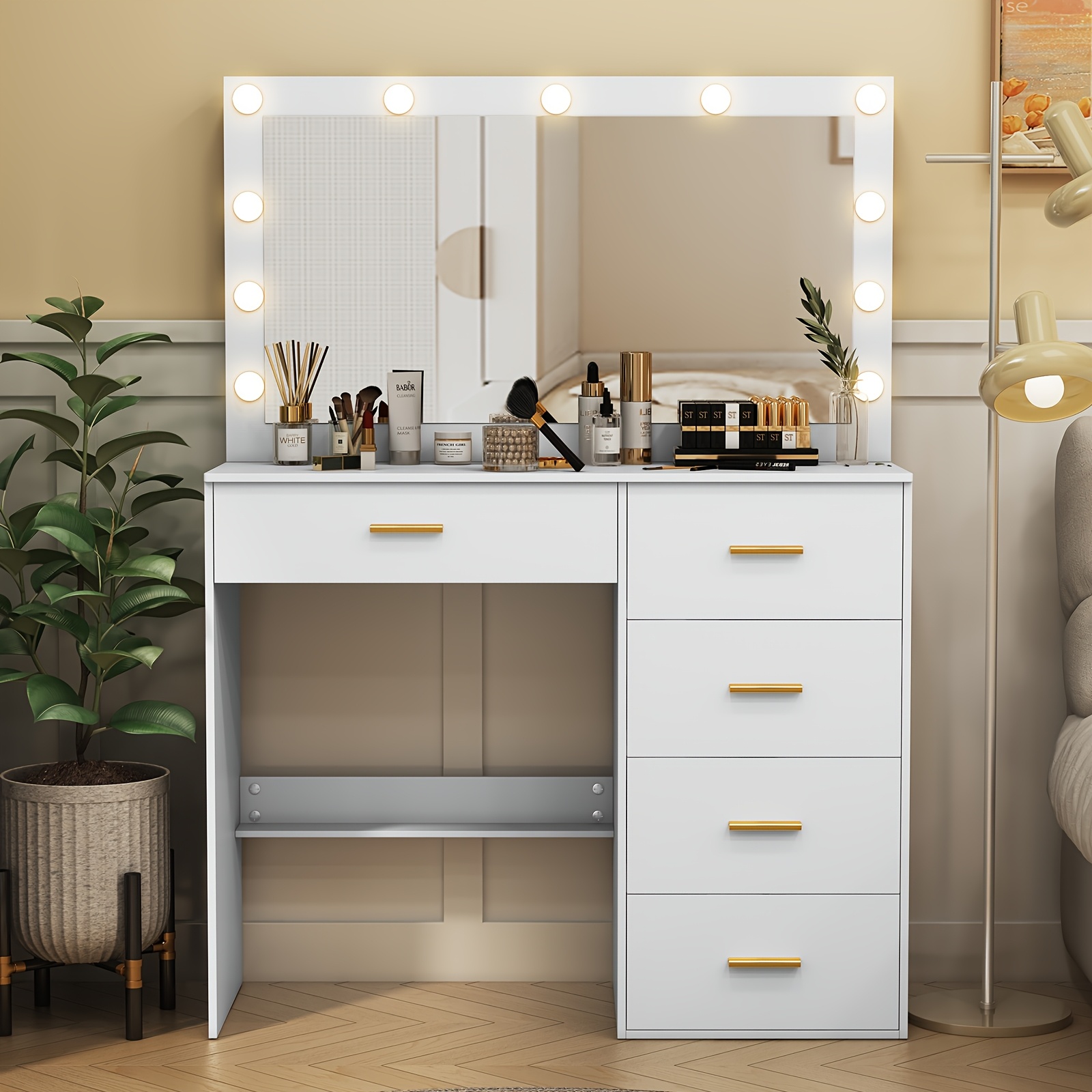 white dresser with & 11-led - 7-drawer vanity makeup dressing table,  compact space-saving design, golden-tone knobs, easy assembly for small  rooms, ' bedrooms, dorms - elegant storage furniture | Shop Now For