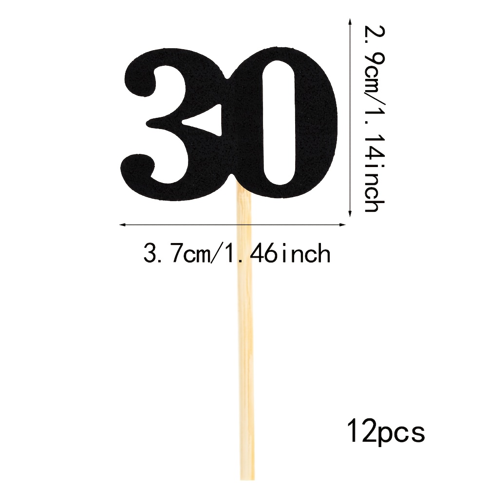 A Set Of 12 Black Birthday Cup Cake Decorations For Celebrating A 30th Birthday Party, Suitable For 30th Anniversary Supplies