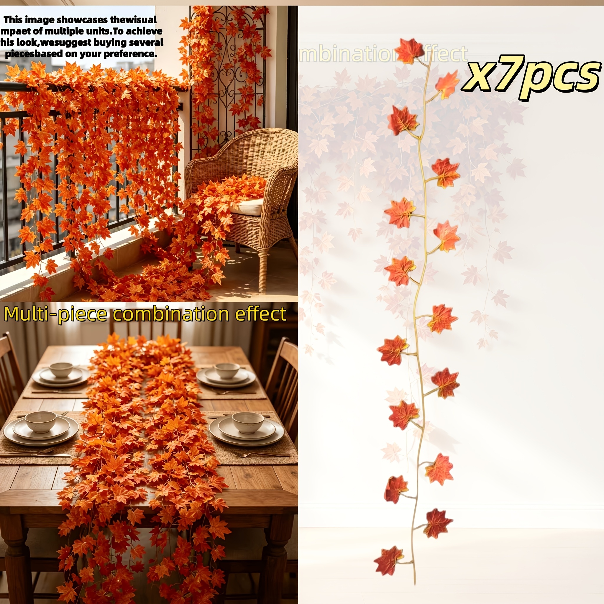TEMU 7-pack Autumn-colored Artificial Maple Leaf Vines, Instagram-style Home Landscaping, Fall-themed Halloween Decorative Fake Vines. Thanksgiving
