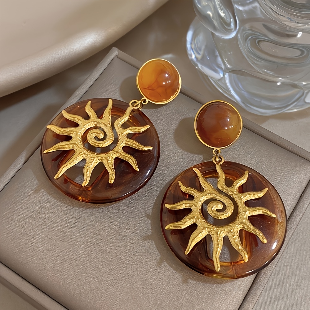 Vintage Amber Pendant Earrings, Women's Bohemian Sunflower Design
