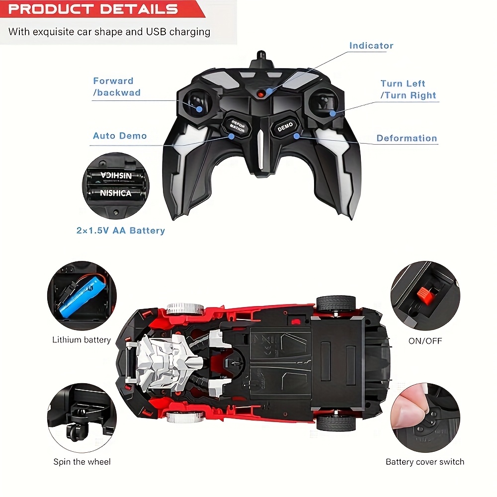 Remote Control Transforming Car Model Toy - 2-in-1 Deformation Remote Control Car with 2.4G Hz, 360° Rotation Drift, Electric Racing, Outdoor Toy, USB Rechargeable Battery Christmas, Birthday Gift