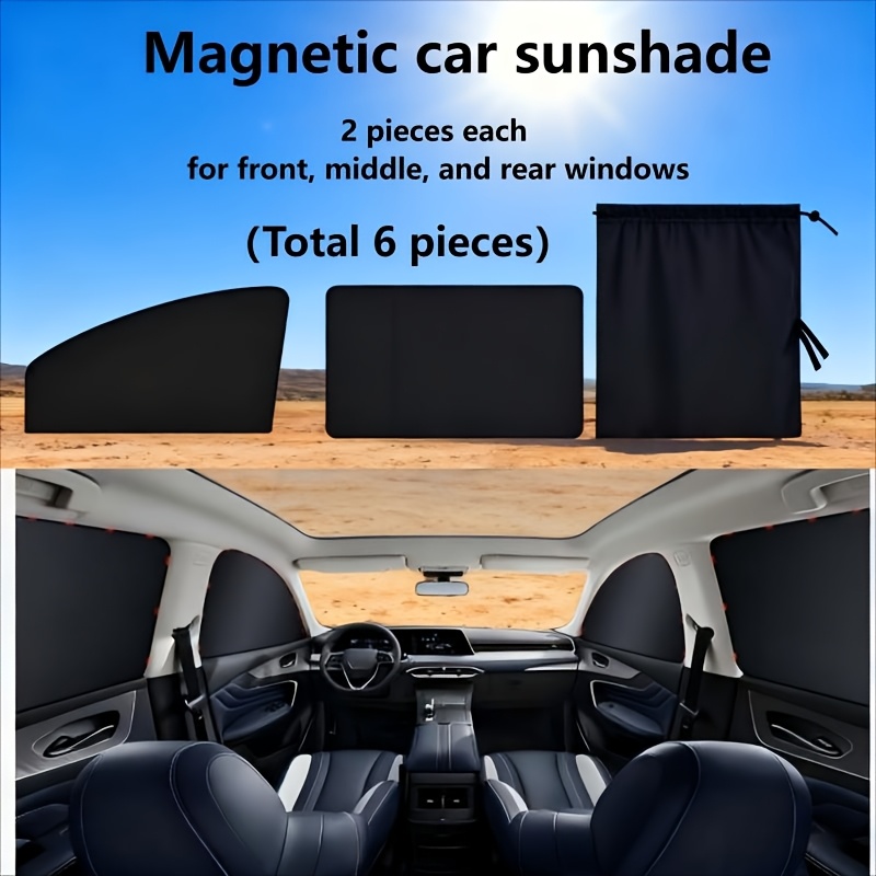 TEMU Car Sunshade 6pcs Set Including 2 Front, 2 Middle, And 2 Rear Shades, Sun Protection And Heat Insulation, Magnetic Light-blocking Covers