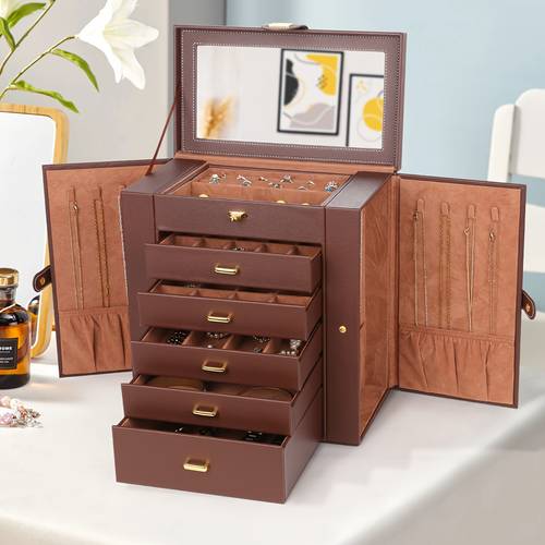 item picture large jewelry box jewelry case large storage capacity with mirror jewelry storage organizer pu 6 tier 5 drawers brown