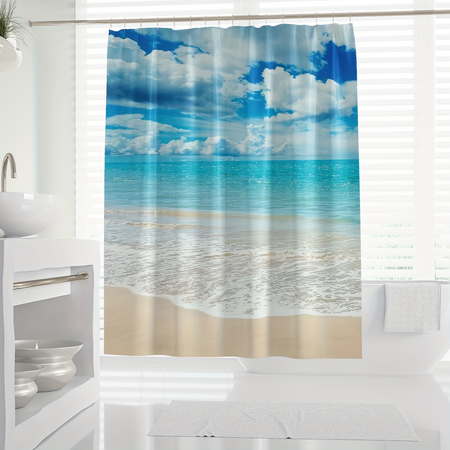 

1pc Serene Vast Blue Ocean Modern Digital Print Shower Curtain With Hooks, Water-resistant Polyester Woven Knit Fabric, Machine Washable, All-season Beach Theme Decor.