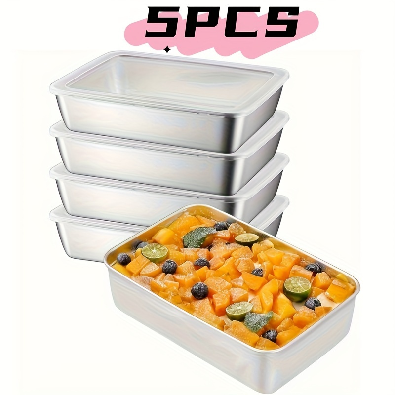 

5pcs Set Large Stainless Steel Food Storage Containers With Clear - Leak-proof, Stackable For Meat, Fruits & Vegetables - Organizer