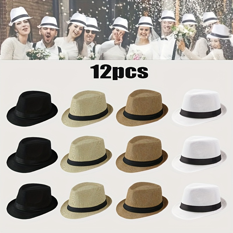 TEMU 12pcs Panama Solid Color Party Hat, Jazz Hat Unisex For Wedding And Birthday Parties, Beach Party Hat, Travel And Holiday Western Cowboy Hat,