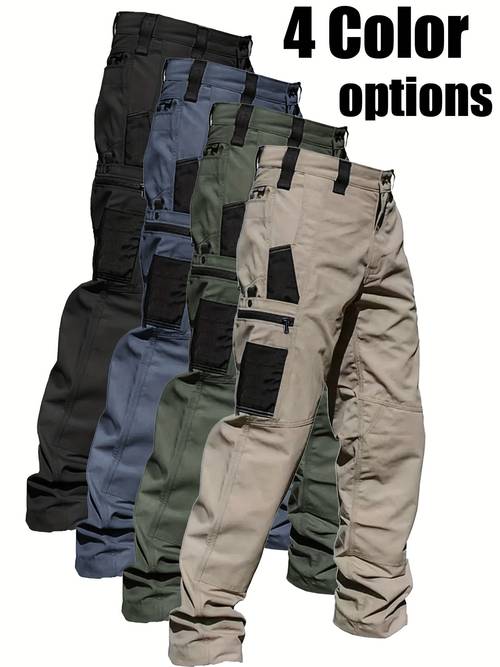 mens cargo pants heavy duty work trousers with multiple utility pockets adjustable waistband ideal for hiking construction and casual wear durable stretch fabric solid color no belt