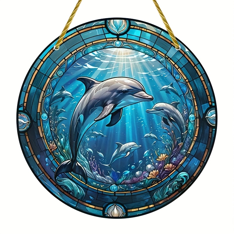 TEMU 2d Flat, 2d Retro Round Dolphin Suncatcher Wall Hanging - Marine-themed Acrylic Window Decor With Sea Creatures Suitable For Garden, Porch,