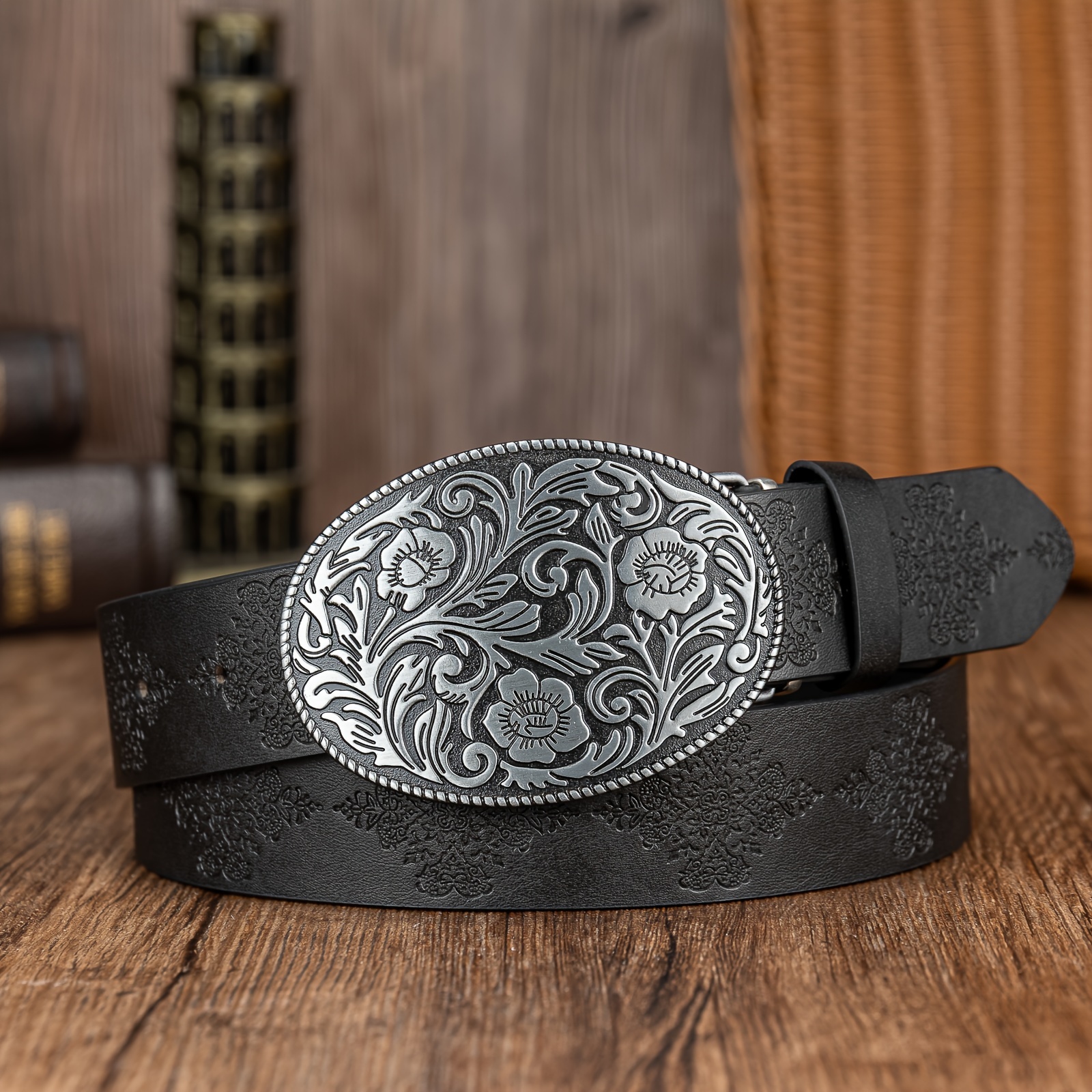 Image of A Trendy And Versatile Women's Belt Featuring A Large Oval With Green Leaves And A Textured Border, Made Of Snowflake Embossed