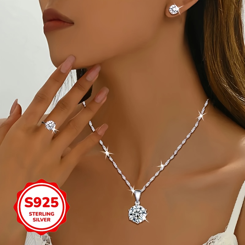 TEMU This Stunning Three-piece Jewelry Set Made Of 925 Silvery And Moissanite Is Ideal For Weddings, Parties, And Everyday Use, Making It A Wonderful