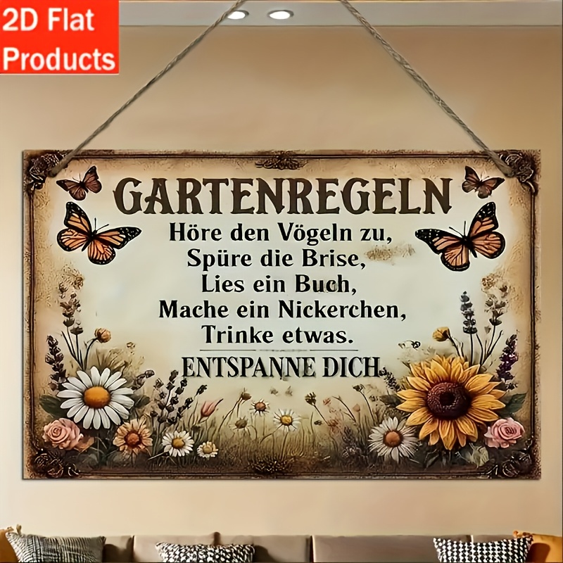 Image of 2d Flat, 2d Flat Vintage Gartenregeln Wooden Hanging Sign, 7.87x5 Inch Rustic German Garden Rules Wood Plaque, Retro Sunflower Wall Decor For Garden, Patio, Porch, German Home Decor Gift, 2d Flat