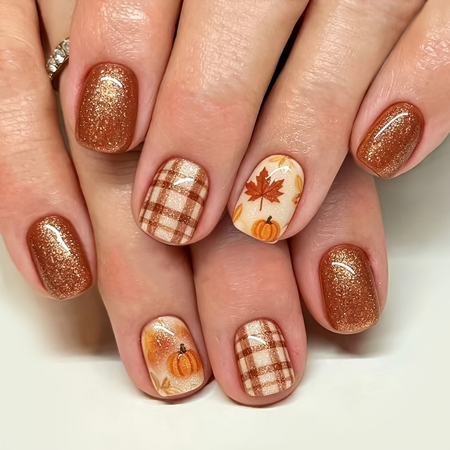 TEMU 24pcs Bronze Glitter Pumpkin Maple Leaf Press On Nails Brown Short Square Warm Fall Daily Fake Nails