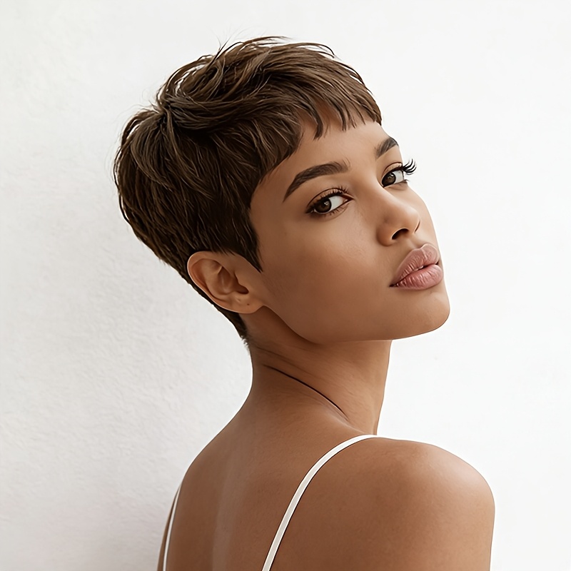 Image of Short Layered Brown Cut Wig For Women, From Human Hair. This Full Machine-made Wig Features Straight Layers And Bangs, To Wear For Everyday Use, Cosplay, Parties, And Music Festivals