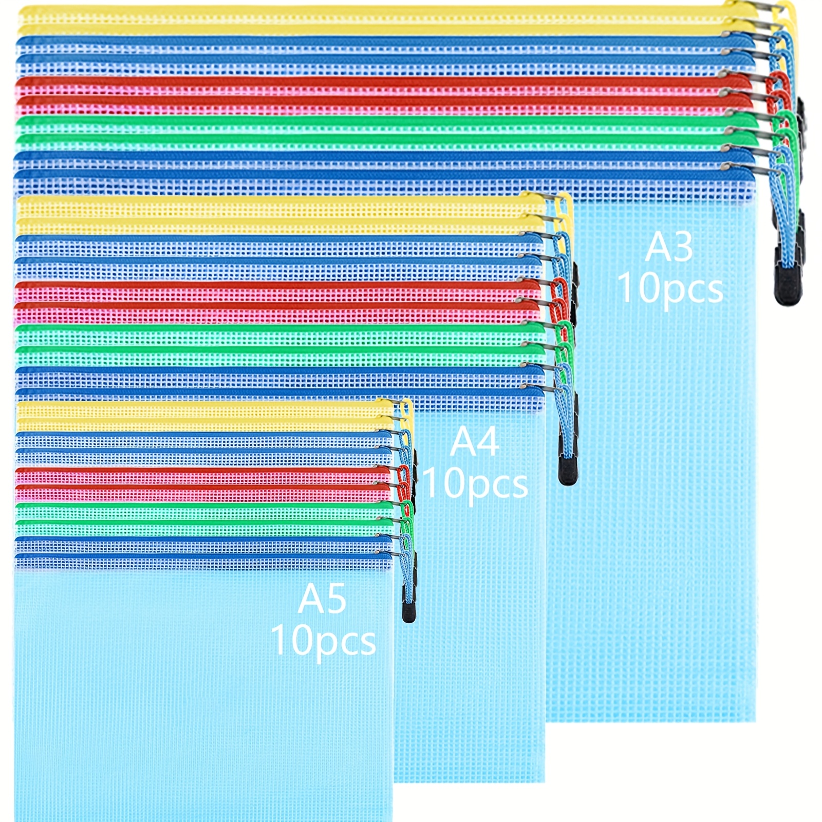 TEMU 30pcs 5 Colors Zipper Mesh Zipper Pouch Bags, A3 A4 A5 Size 10pcs Per Size Zipper Bags For Organizing Storage Waterproof Zipper Pouches, Letter