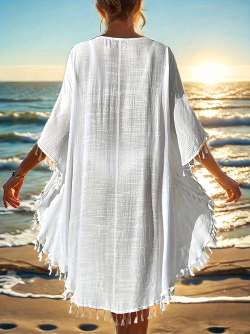 bohemian style casual cover up suitable for outdoor wear beach vacations lace detail with and small tassel