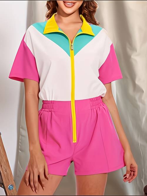 womens 80s 90s retro jumpsuit one piece workout track suit non stretchy fabric accents side zipper closure machine washable outfit for 80s 90s themed parties gym casual outfits vintage athletic costume ladies jumpsuits gym wear short sleeve design nonstretch fabric