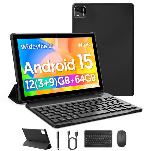 2026 Android 15 Tablet, 10-Zoll, 12GB (3GB+9GB) RAM + 64GB Speicher + 1TB Erweiterbarer Speicher, Quad-Core Prozessor, 6000mAh Großes Akku, Wifi, Touchscreen, Unterstützt Widevine L1, Optionales Tastatur, Schutzhülle, Maus, Stylus, Tablet