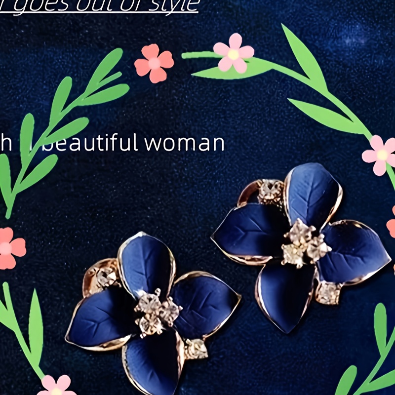 

Elegant Vintage Style Sapphire Blue 3d Camellia Stud Earrings With Rhinestones Inlay For Women, Fashionable Oil Drop Design Accessories Gifts For Women
