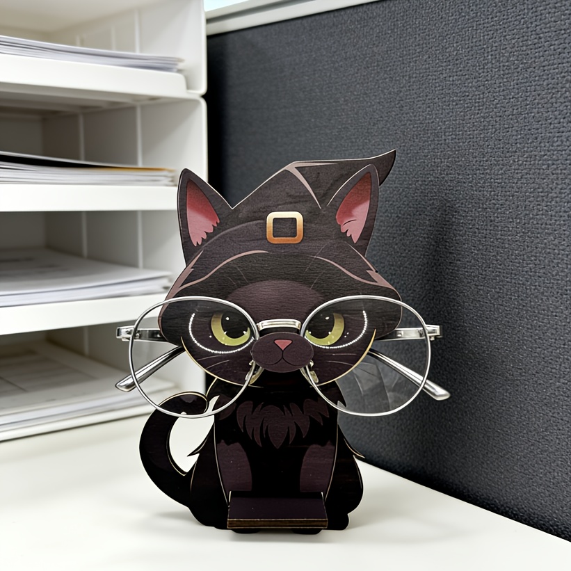 E-shop Niedlicher magischer schwarzer Katzen-Brillenhalter, Cartoon-Tierform-Brillenrahmen, grüne Brille und schwarze Katze mit magischem Hut, Ins