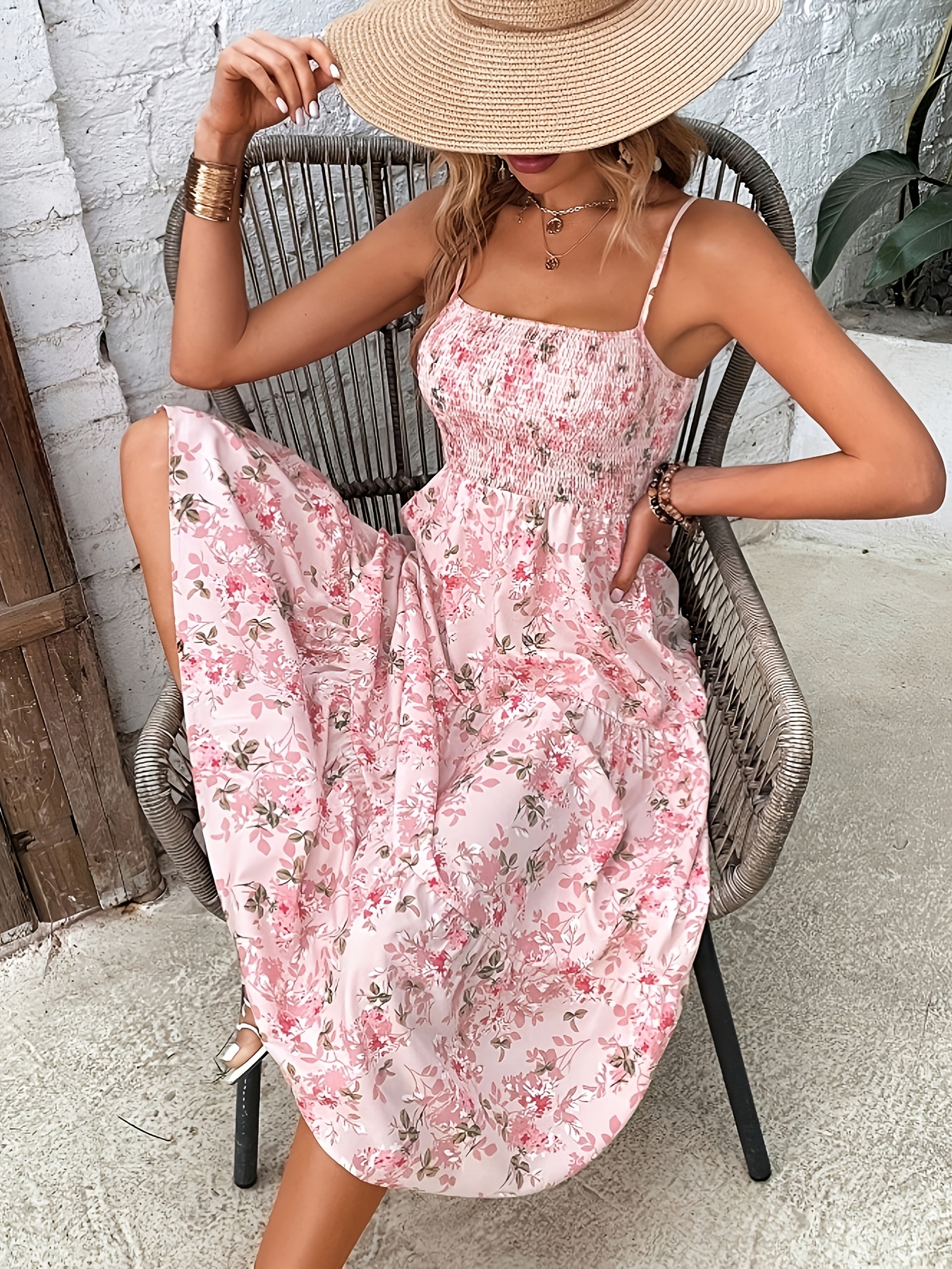 OWTERY Camibloom Floral Printed Camisole Dress - Women's Sleeveless Mini Dress (Pink, 2XL)