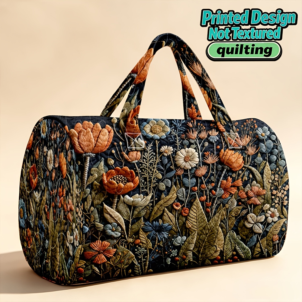 TEMU 1pc Women' Quilted Travel Tote Suitable For Women, Navy Vintage Floral & Tulip Daisy Stitching, Zipper Closure Machine Washable Suitcase Carrier