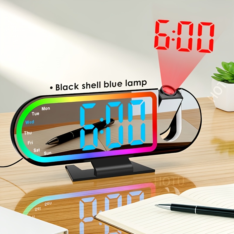 TEMU Horloge numérique à LED de 8,5 pouces, réveil de style projection pour chambre à coucher, projection rotative , 3 niveaux de luminosité, 17 de