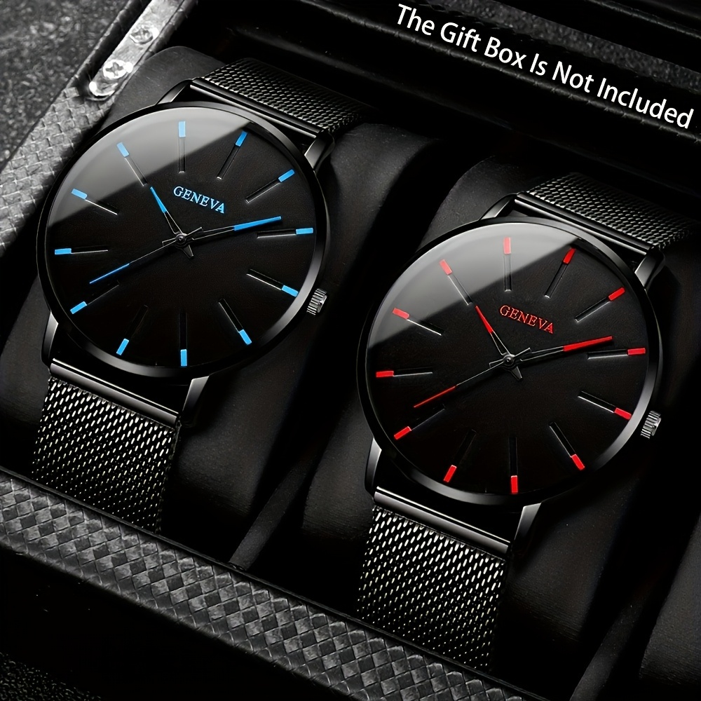 TEMU Stylish Men's Quartz Watch Set - 2pcs, Casual Mesh Alloy Strap, Accurate Movement, Perfect Gift For Him
