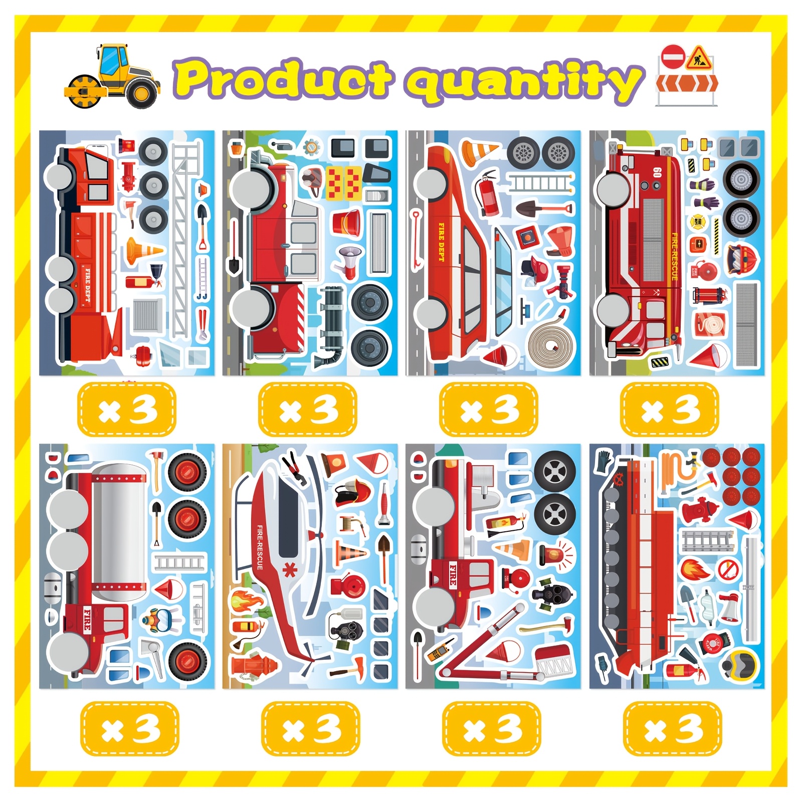 Image of Truck Stickers For Kids, Make A Face Sticker, Make Your Own Fire Truck Stickers With 8 Designs Fire Themed Truck For Kindergarten Birthday Gift Classroom Fire Party Favors