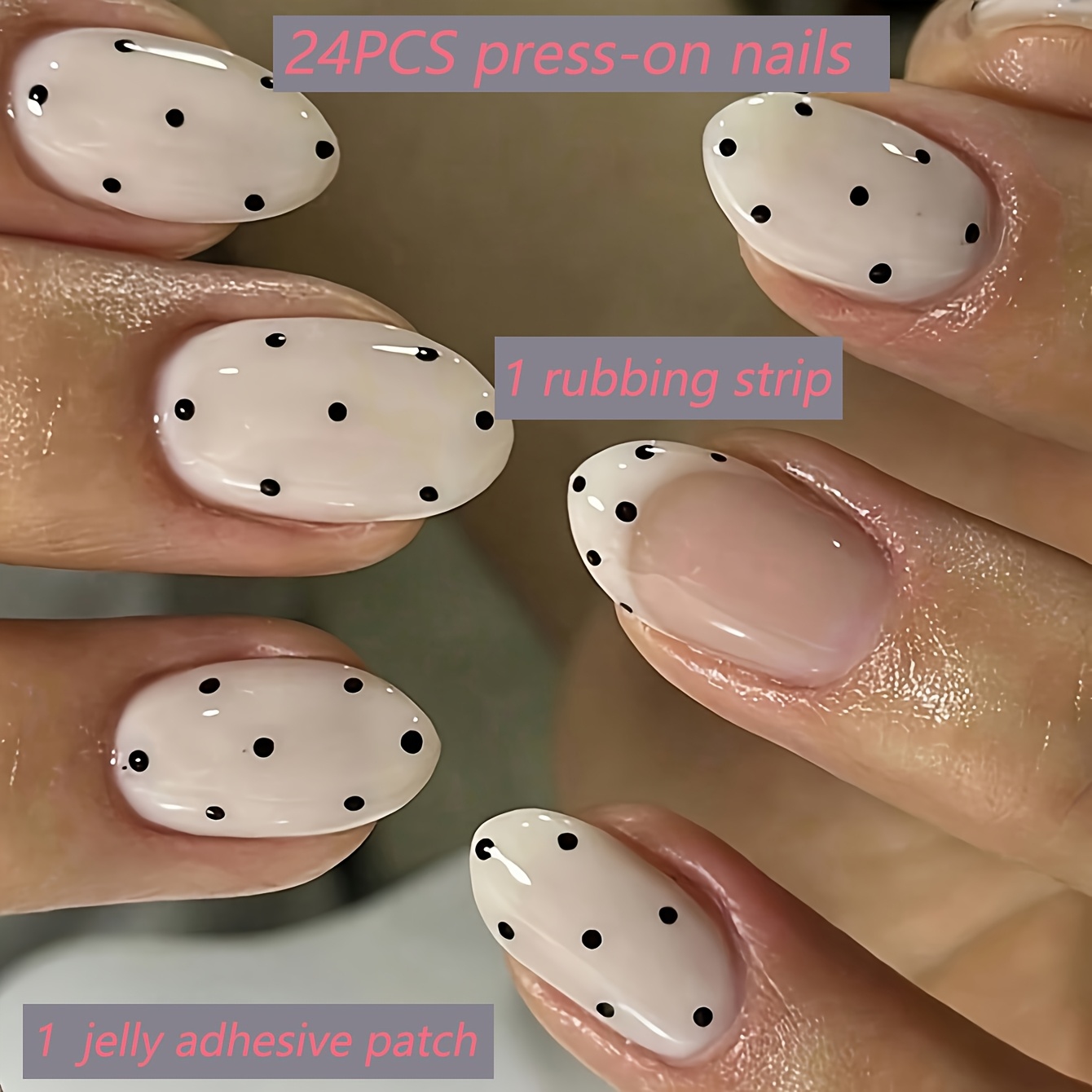 TEMU 24pcs Wearable Nail Plate Simple Polka Dot Short Oval Fake Nail 1 Rubbing Strip+1 Jelly Adhesive Patch Reusable Acrylic Fake Nail Suitable For