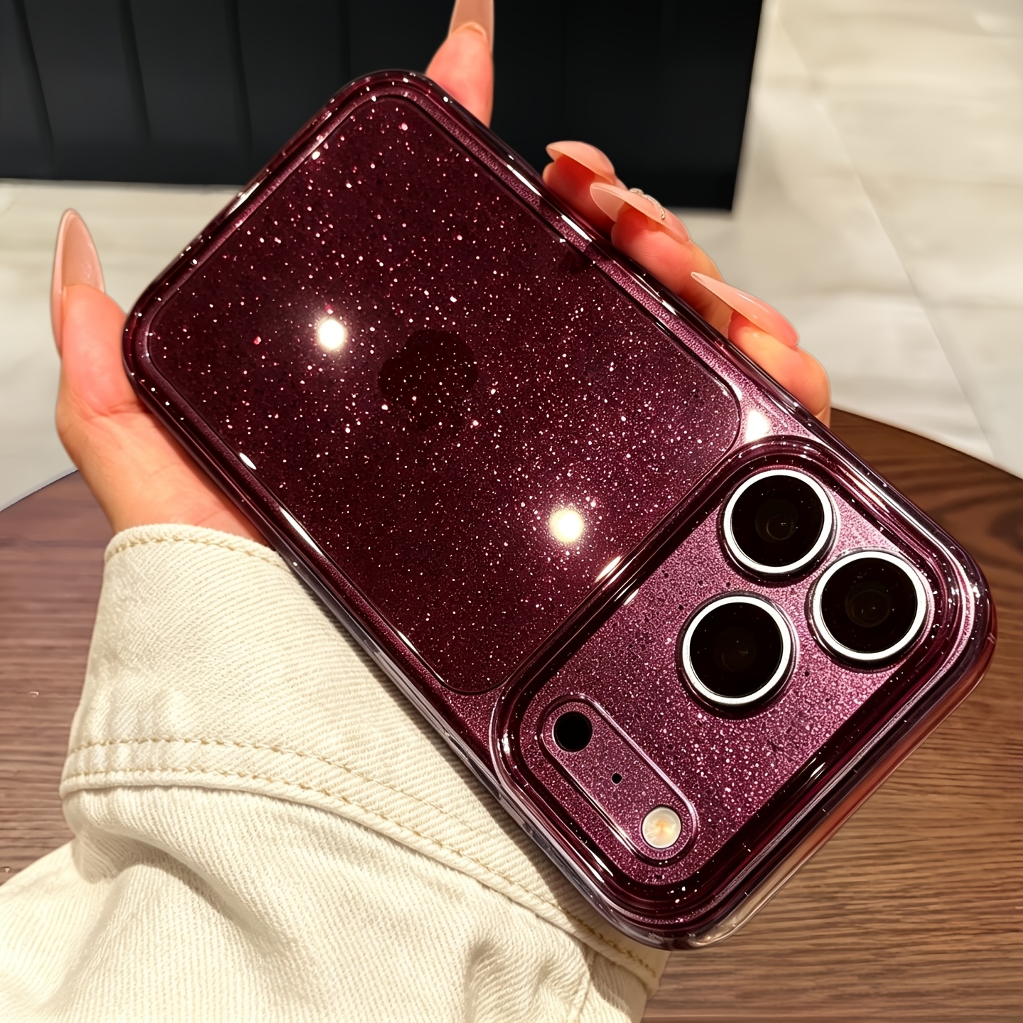 TEMU Phone Case - Luxury Clear Glitter Silicone Phone Case With Full Lens Protection For Iphone 18 17 Pro Cover Available In Burgundy Red