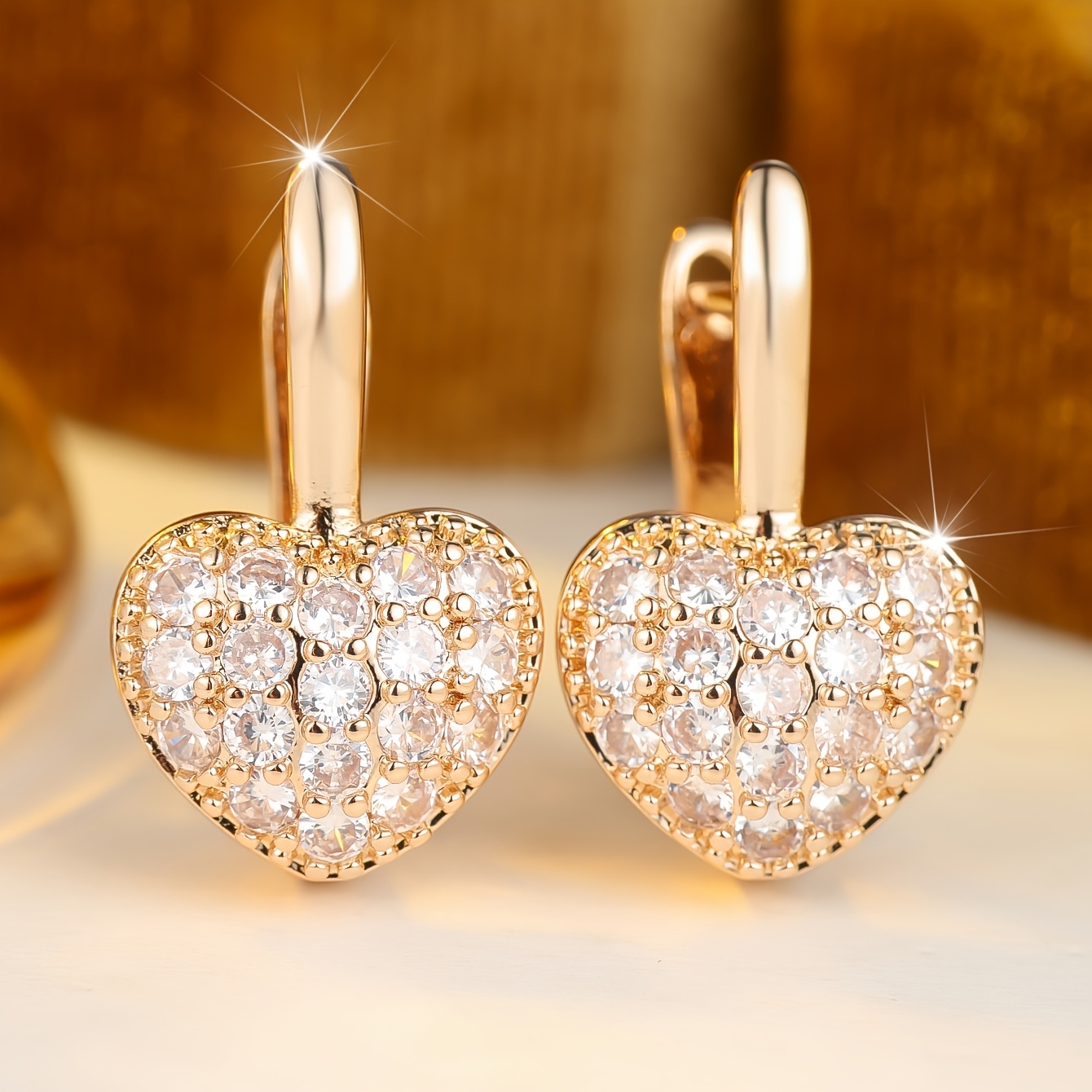 TEMU Angol A Pair Of Elegant And Luxurious Heart-shaped Synthetic Synthetic Zirconia Earrings In Rose Golden, Shiny Accessories For Weddings And