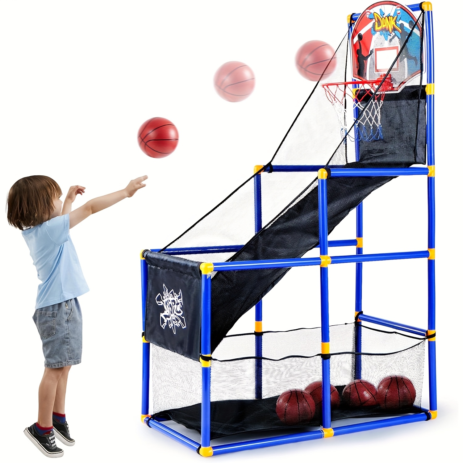 TEMU Basketball Arcade Game Sports Set With 4 Balls And Hoop For To Indoor Outdoor - Easy Setup - Air Pump Included - Toy Gift For Boys And Girls