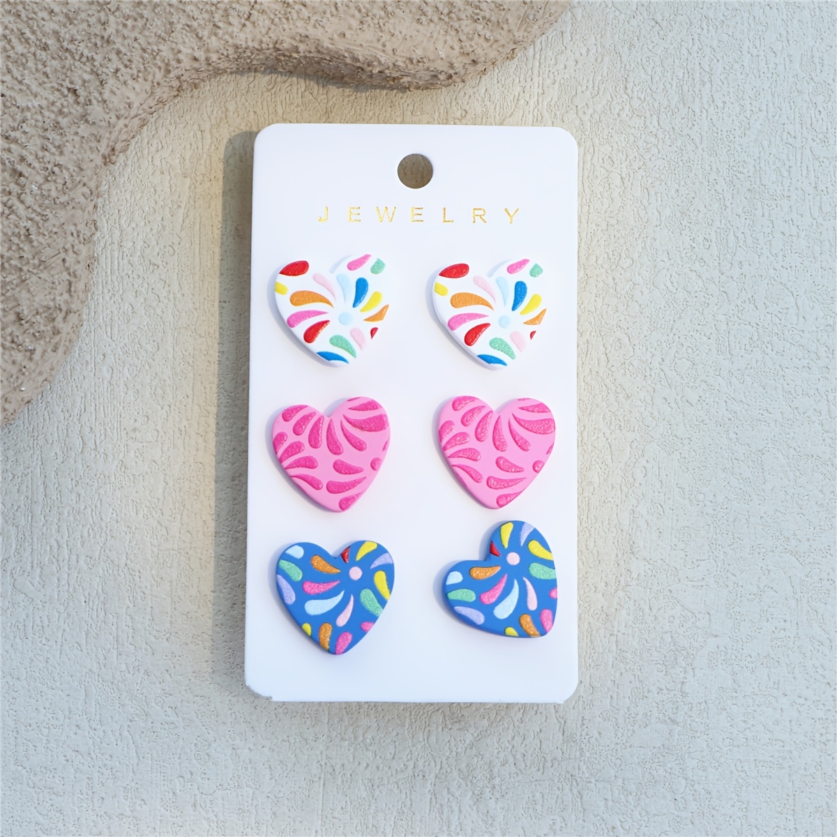 3-in-1 Multicolor Flower Print Clay Texture Heart Earrings