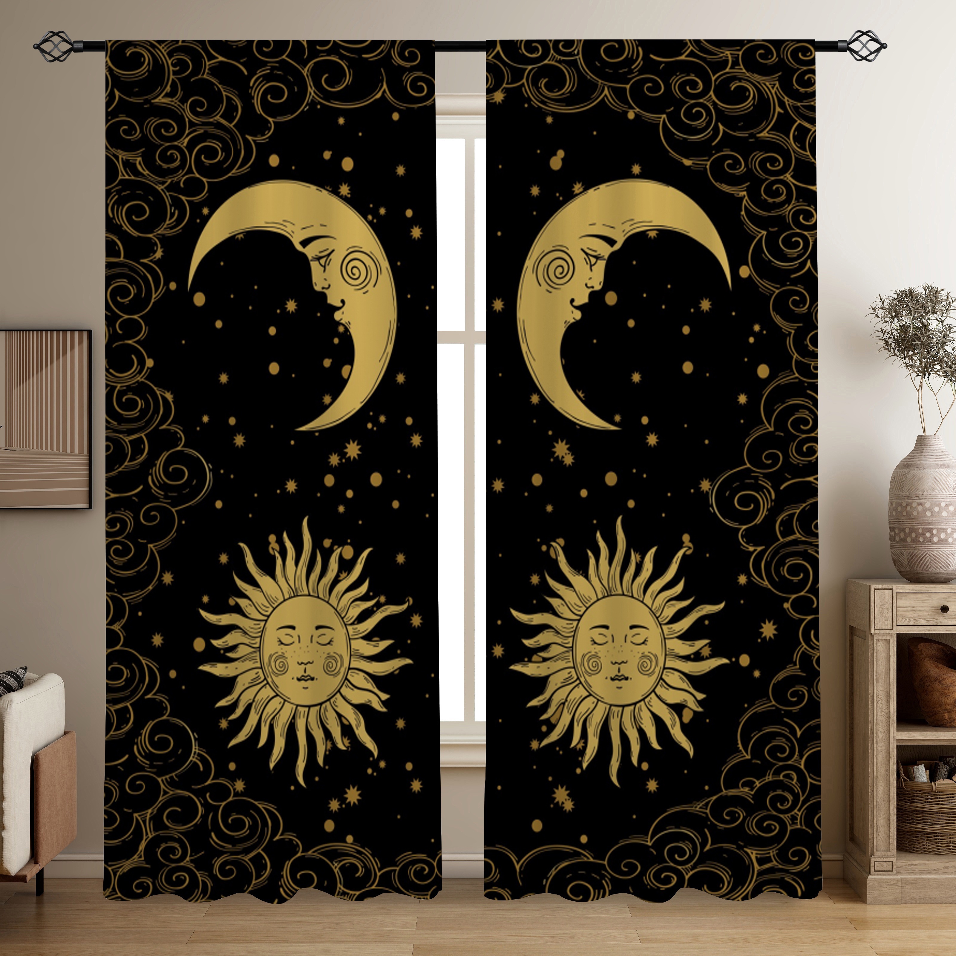 

2pcs, Sun Moon Star Printed Translucent Curtains, Multi-scene Polyester Rod Pocket Decorative Curtains For Living Room Game Room Bedroom Home Decor Party Supplies